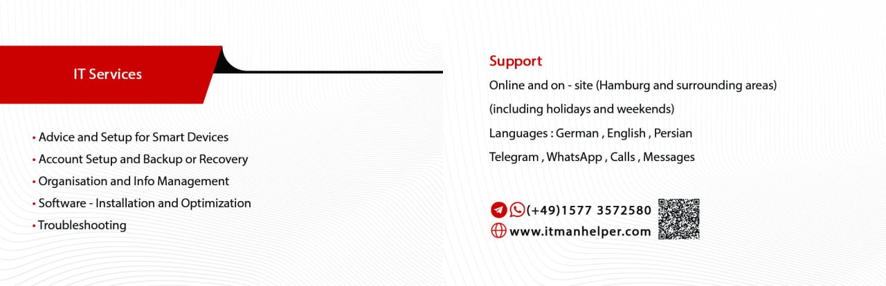 🔵#فروش
   🏙شهر: هامبورگ ، آلمان
   توضیحات: ✅نصب و راه‌اندازی انواع دستگاه‌ها:تلویزیون،گوشی،تبلت،لپ‌تاپ وچاپگر،به‌روزرسانی نرم‌افزارها
✅آموزش پایه‌ای کامپیوتر 
✅ساخت حساب کاربری،بک‌آپ‌گیری وبازیابی اطلاعات 
✅مدیریت وبهینه‌سازی:نصب ویندوزودرایورها،رفع مشکلات نرم‌افزاری،دیجیتالی کردن اسنادوفایل‌های شما، سیستم کارآمدبرای مدیریت جلسات وامور کاری

   👤 ارتباط با شخص |
@hamshahri_alman
صفحه پذیرنده و کاربر آگهی 