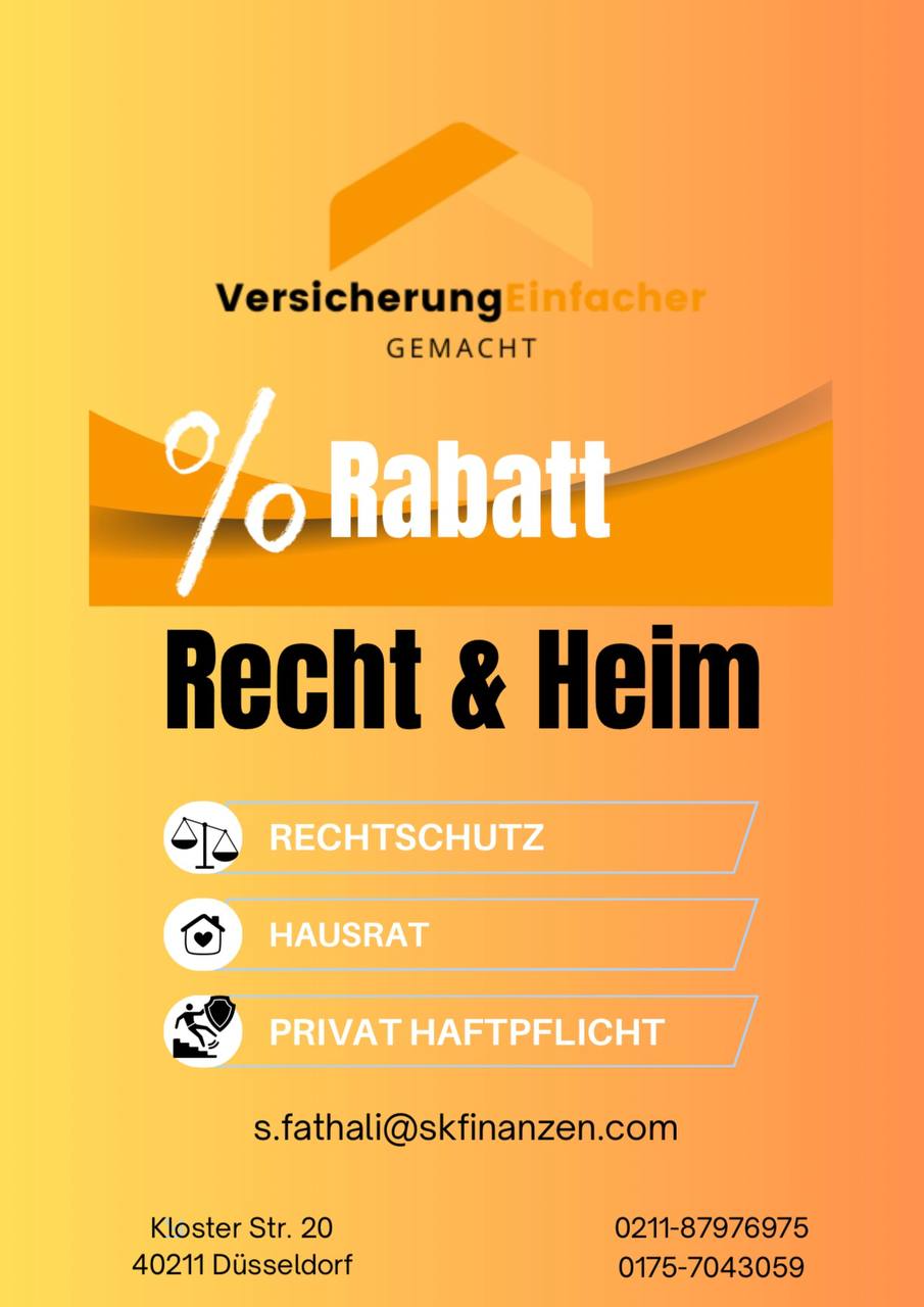🔵#فروش
   🏙شهر: دوسلدورف ، آلمان
   توضیحات: بیمه حقوقی، اثاثیه منزل، لوازم برقی و شخص ثالث در یک پَکِت با بیش از ۳۰٪ تخفیف در ماه!
برای اطلاعات بیشتر با من تماس بگیرید.

0211-87976975
0175-7043059

   👤 ارتباط با شخص |
@hamshahri_alman
صفحه پذیرنده و کاربر آگهی 