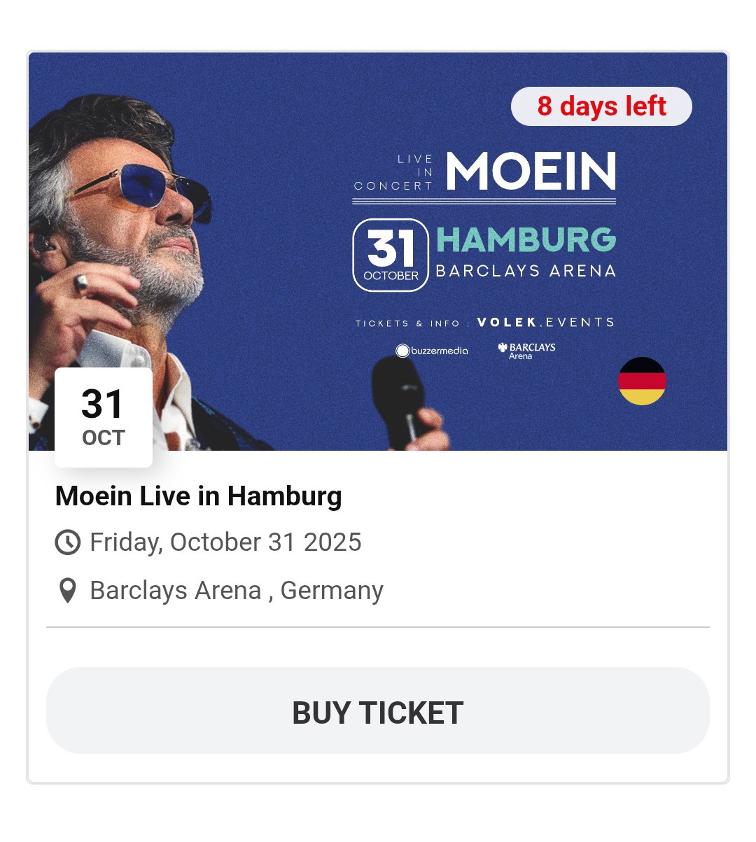 🔵#فروش
   🏙شهر: هامبورگ ، آلمان
   توضیحات: درود،
در روز جمعه به تاریخ 31.10.2025 
یک عدد بلیط کنسرت معین موجود است، به بهای 138 یورو
اگر کسی مایل بود، در چت شخصی می‌تواند برایم بنویسد
@MH110651110

   👤 ارتباط با شخص |
@hamshahri_alman
صفحه پذیرنده و کاربر آگهی 