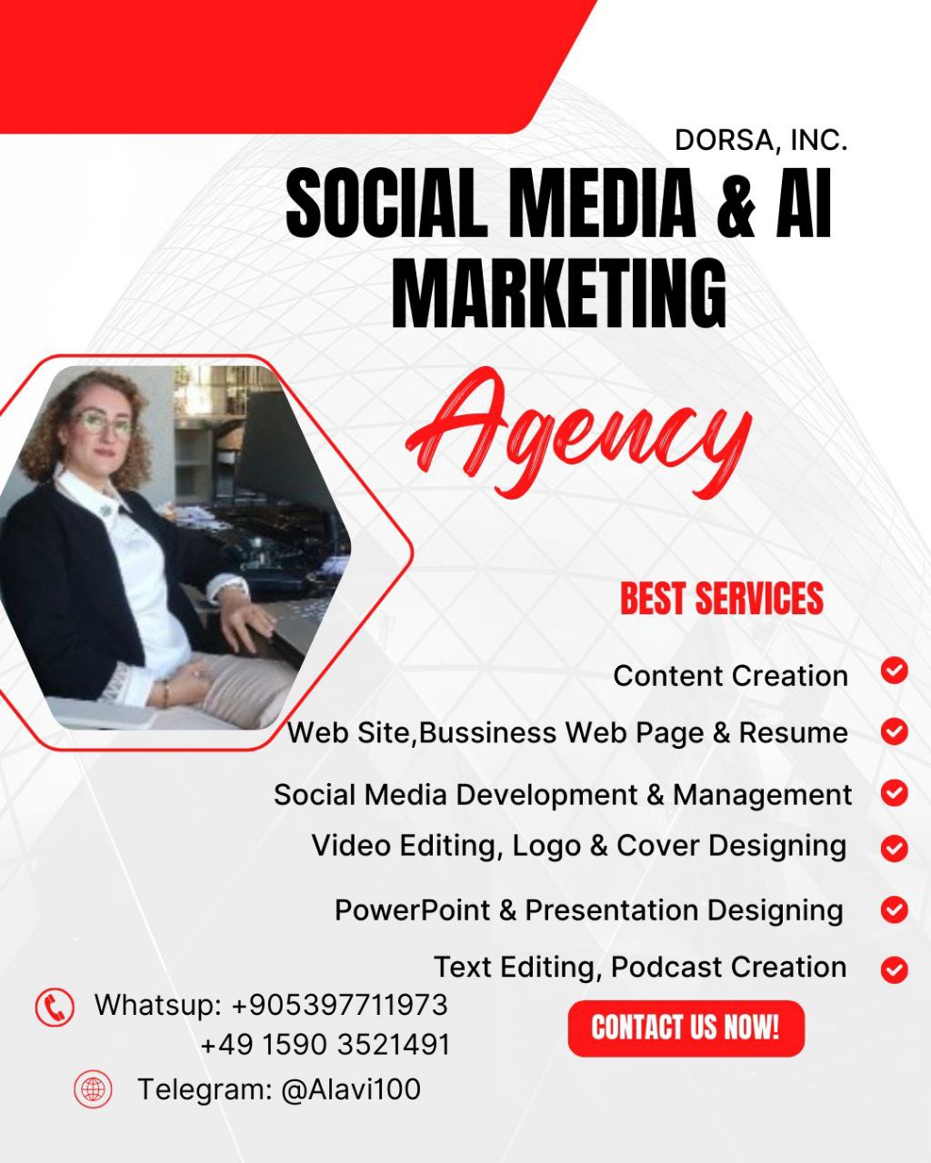 🔵#فروش
   🏙شهر: دوسلدورف ، آلمان
   توضیحات: باسلام, تیم DorsaAgency با سابقه درخشان ، در حوزه سوشیال مدیا و هوش مصنوعی آماده خدمت رسانی به هموطنان عزیز ,می باشد.

   👤 ارتباط با شخص |
@hamshahri_alman